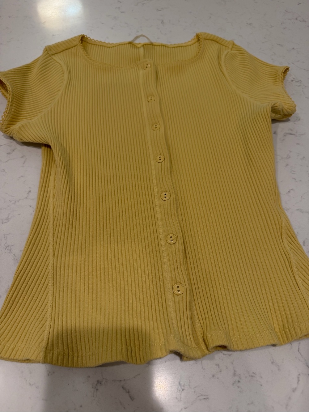 Free People Yellow Ribbed Button-Front Short Sleeve Top - Picture 2 of 6